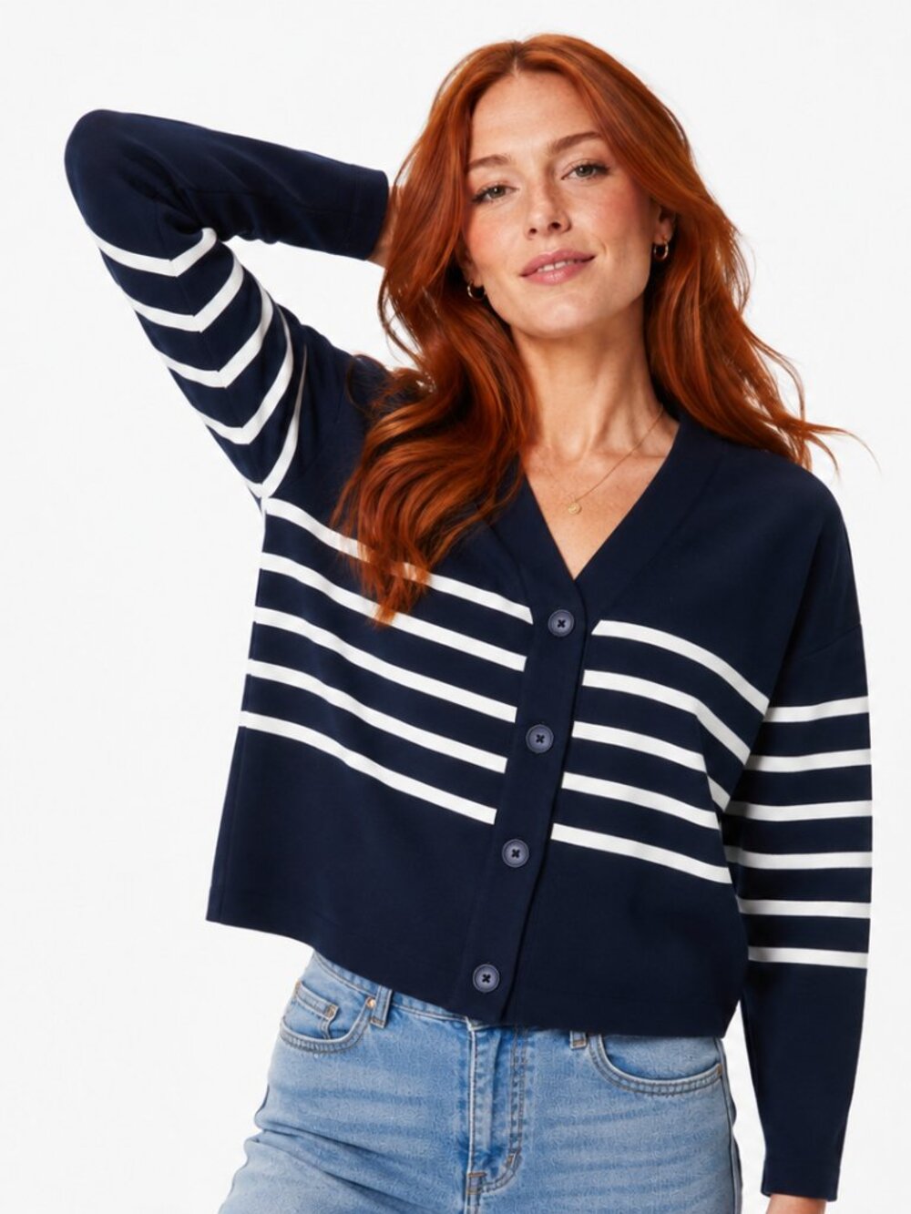 SPANX AirEssentials Cardigan Small Navy Porcelain Stripe Open Front NWT